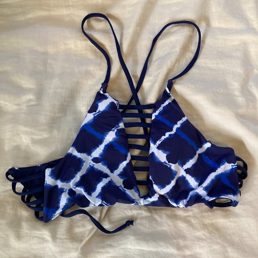 High Neck Blue and White Strappy Bikini Top
